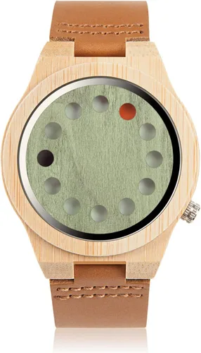 Vista 9 de BOBO BIRD Reloj de madera de bambú para hombre con correa de cuero de vaca negra, 12 agujeros, diseño temporizador, relojes deportivos casuales