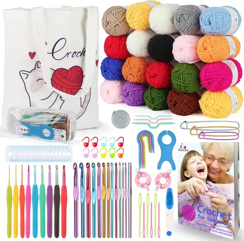 Vista 10 de Aeelike Kit de ganchillo con bolsa para viajes, kit fácil de aprender a ganchillo para principiantes de todas las edades, el kit de inicio