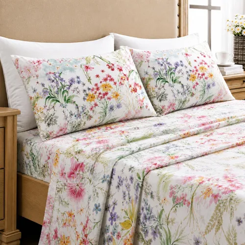 Vista 29 de YIYEA Juego de sábanas individuales, sábanas de hotel de calidad de 1800 hilos de microfibra doble cepillada con flores para cama individual, extra