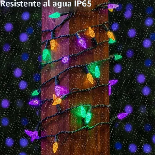 Vista 7 de Luces solares de Navidad para exteriores, cadena de luces C6 de fresa, luces de Mardi Gras, 100 LED, 8 modos, impermeable, uso al aire libre
