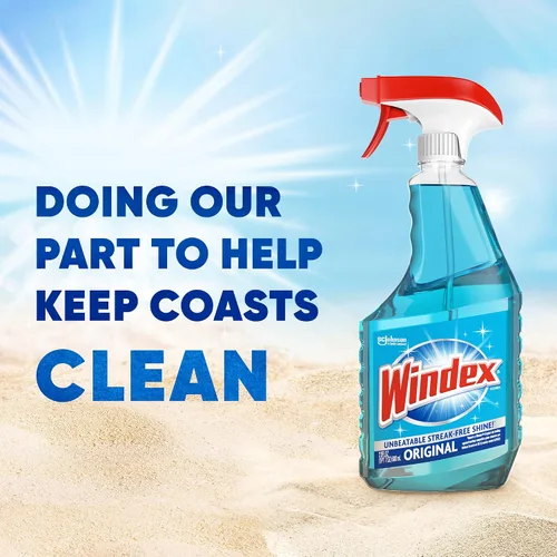 Vista 4 de Botella de Windex para limpiar vidrio y limpiador de ventanas, 100 % plástico reciclado, color azul original, 23 fl oz