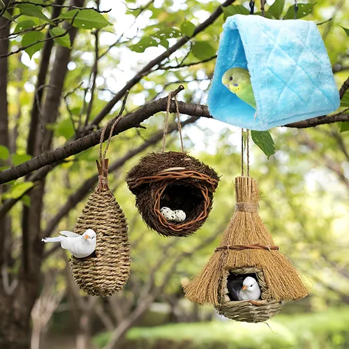 Vista 5 de Paquete de 2 hamacas colgantes para cama de nido de pájaros, cama para dormir, cueva colgante de felpa, cabaña feliz para mascotas, loro, periquito