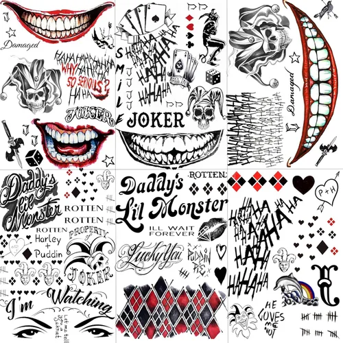 Vista 8 de 5 hojas de tatuajes temporales de Halloween HQ para mujeres, hombres y adultos, tatuajes de manos de cara de Joker, kit de maquillaje de Halloween