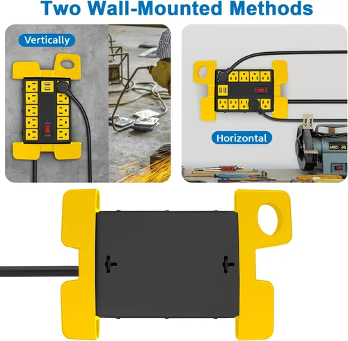Vista 12 de CCCEI Regleta de alimentación resistente con puertos USB, 10 salidas para garaje, protector de sobretensiones de 2700 julios, metal para taller