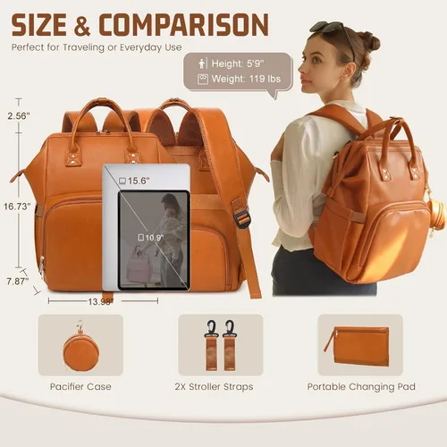 Vista 8 de ROSEGIN Mochila para pañales de piel vegana prémium con cambiador impermeable - Costuras y cremalleras reforzadas, bolsa de bebé para niño y niña
