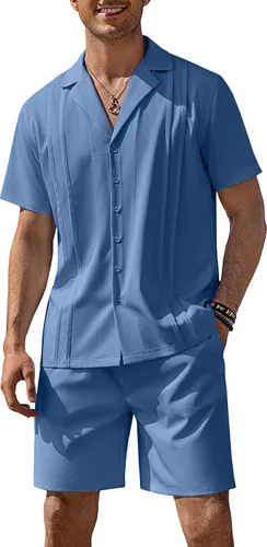 Vista 9 de COOFANDY Conjunto corto de 2 piezas para hombre, camisa con botones Guayabera, casual, trajes de playa de verano Verde militar