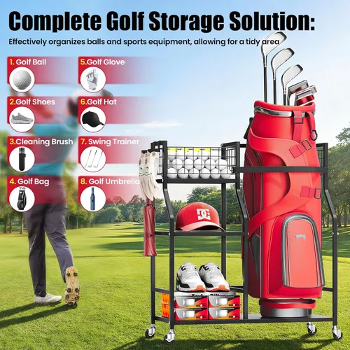 Vista 3 de TOOLF Organizador de bolsas de golf, almacenamiento para palos de golf con ruedas, soporte de metal resistente para bolsa de golf para el hogar