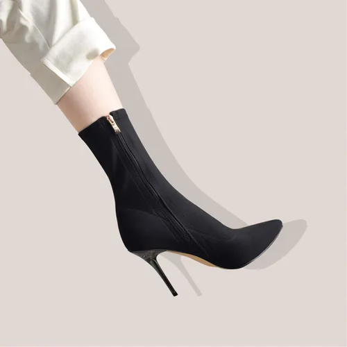 Vista 2 de vivianly Botines elásticos con punta puntiaguda, botas de tobillo a media pantorrilla, botas de tacón de aguja para mujer