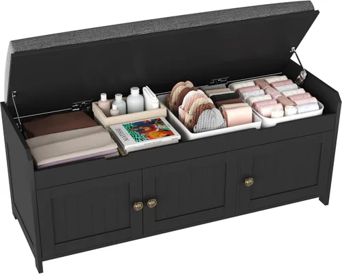Vista 19 de HOMEFORT Banco para Zapatos de 30" con Almacenamiento de Tapa Elevable, Banco de Entrada con Asiento Acolchado, Banco de Madera para Pie de Cama
