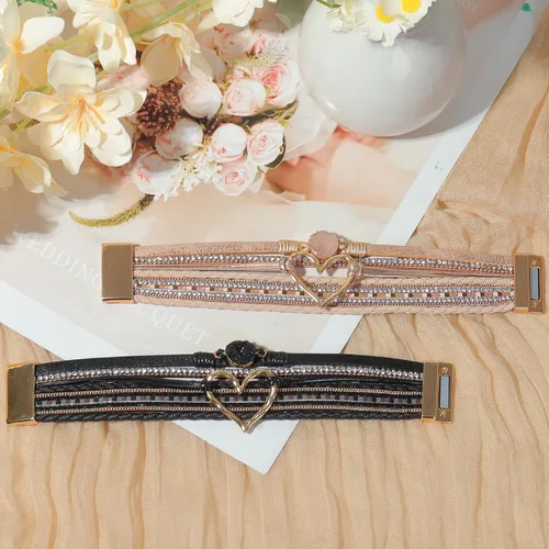Vista 6 de 2 pulseras bohemias de cuero tejido multicapa con incrustaciones de diamantes de imitación en forma de corazón, apilables, joyería para mujer