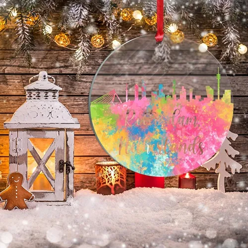 Vista 4 de Países Bajos Rotterdam Adornos de Navidad Países Bajos Rotterdam Acuarela Arte Paisaje urbano Adorno de Navidad Acrílico Colorido Horizonte