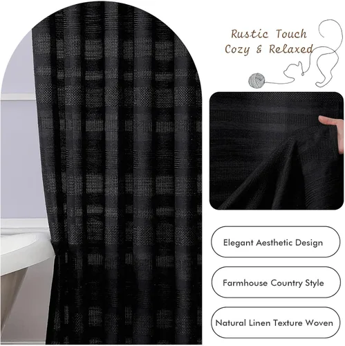 Vista 8 de OVZME Cortina de ducha bohemia negra, cortina de ducha estrecha de tela suave a rayas de lino texturizado con borla, moderna decoración de baño