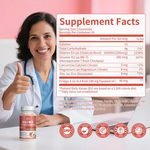Vista 2 de Gomas de vitamina D3 K2 de M inch, vitamina D3 10000UI, K2 (MK-7) 200mcg, suplemento de vitamina D3 con K2 6-en-1 con Omega-3, magnesio y calcio