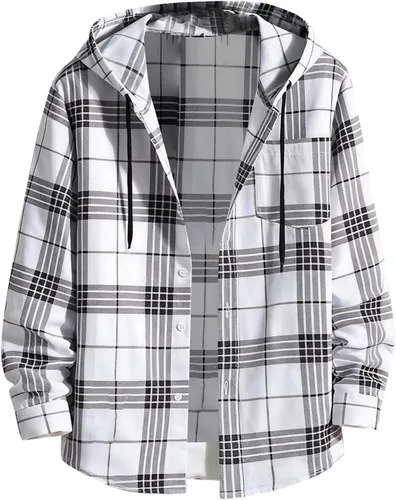 Vista 10 de Camisa a cuadros con botones para hombre, ligera, casual, de manga larga, ajuste holgado, UPF 50+, con capucha y protección solar