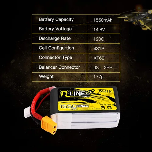 Vista 2 de TATTU R-Line 14.8V 1550mAh 4S 120C Batería Lipo con enchufe XT60 para FPV Racing Drones