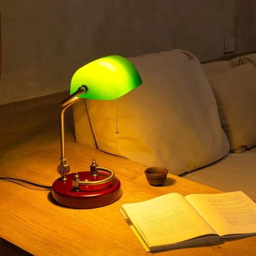 Vista 8 de Lámpara de Banquero, Lámpara de Escritorio Verde Tradicional con Base de Madera de Abedul Maciza, Lámpara de Biblioteca Antigua de Vidrio Verde