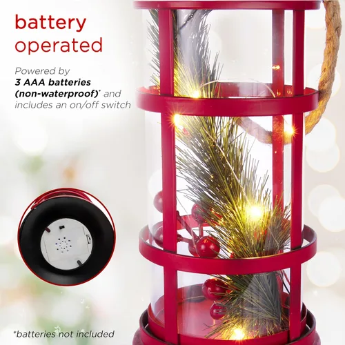 Vista 4 de Alpine Corporation Farol de Navidad de metal y vidrio de 13 pulgadas de alto con 8 luces LED blancas cálidas, temporizador integrado, decoración Rojo