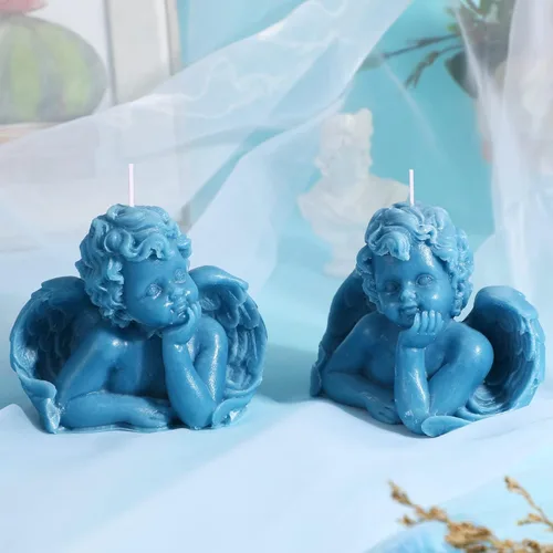 Vista 3 de Nuanchu Eclectic Angel Decor - 2 velas veganas de cera perfumada de soja en blanco y rosa para decoración moderna de dormitorio (azul lago)