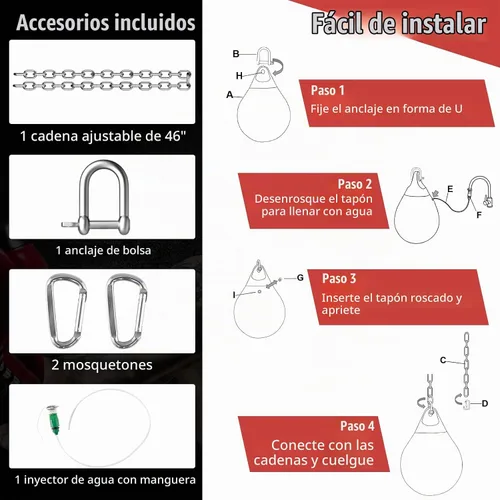 Vista 2 de GYMAX Saco de boxeo, bolsa de agua con inyector de agua y accesorios para colgar, bolsa de boxeo plegable resistente para gimnasio en casa,