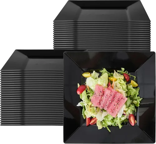 Vista 19 de Restaurantware Platos de fiesta de 8.2 x 8.2 x 0.5 pulgadas, 100 platos de postre de plástico desechables – Platos cuadrados de plástico negro