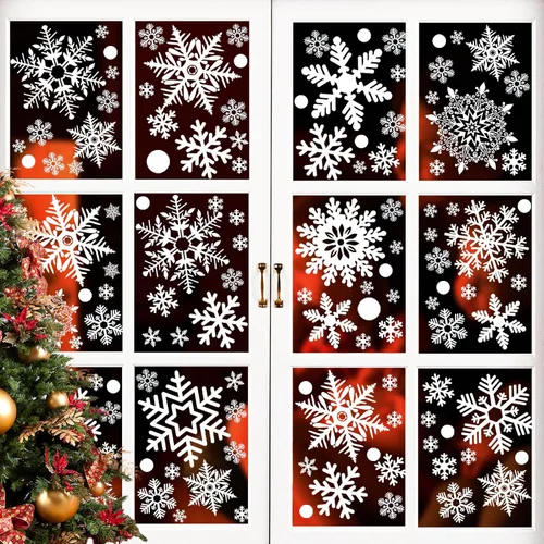 Vista 8 de Adhesivos de Copos de Nieve Dorados con Purpurina para Ventanas 147 PCS Copos de Nieve Brillantes para Ventanas Decoraciones de Paraíso Invernal Oro