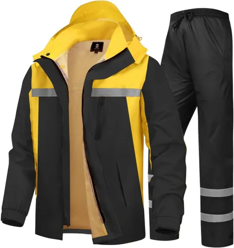 Vista 11 de Traje de lluvia para hombre, de alta visibilidad, reflectante, para trabajo, chaqueta de lluvia, pantalones para todos los deportes, granja, pesca