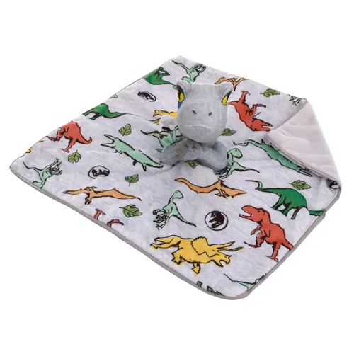 Vista 3 de NoJo Welcome to The Universe Baby Jurassic World - Manta de seguridad para bebé de seguridad de dinosaurio Raptor de felpa gris, verde, naranja
