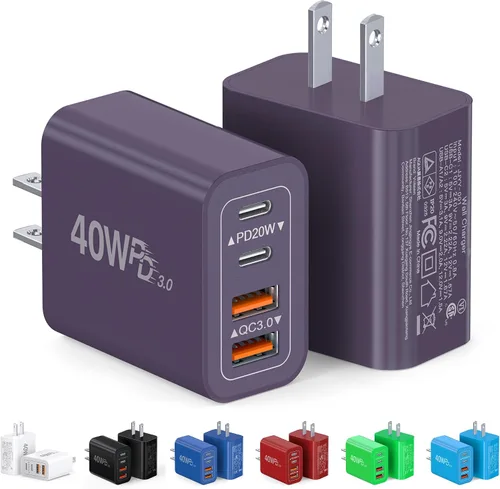 Vista 13 de Bloque de cargador USB C de 40 W, paquete de 2 ladrillos de carga rápida de 4 puertos tipo C, adaptador de enchufe de pared dual PD&QC, ladrillo