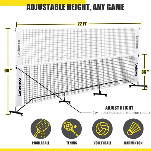 Vista 2 de Losbenco Pickleball Net with Wheels Court Lines, Metal Frame & Regulation Size 22FT, 6-in-1 Adjustable Portable Net for Playing Pickleball, Tennis