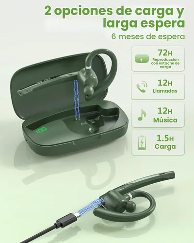 Vista 3 de Auriculares Bluetooth, 72H trabajo auricular inalámbrico de un solo oído Verde militar sólido