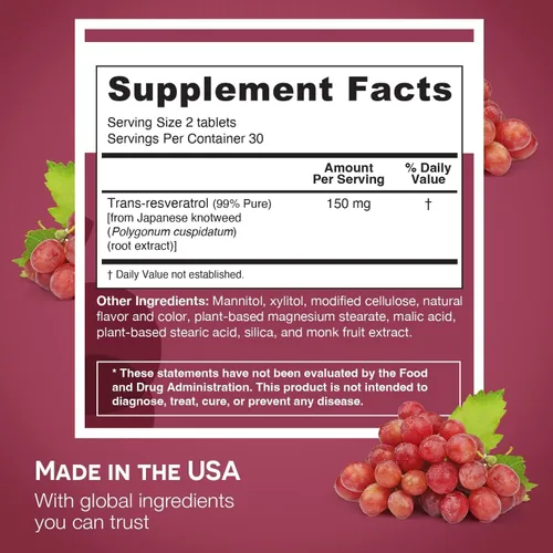 Vista 2 de EZ Melts Suplemento de resveratrol soluble 150 mg, sin azúcar, suministro de 1 mes - 1 paquete