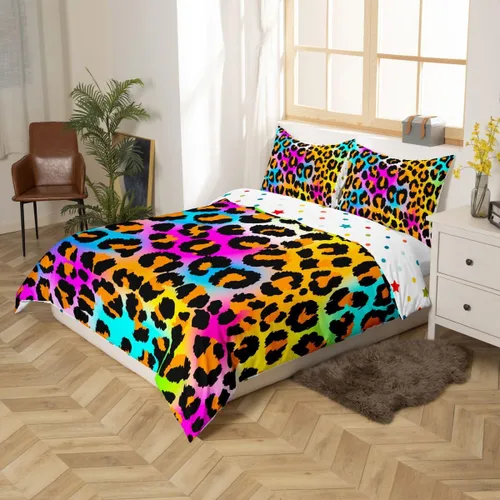 Vista 2 de Feelyou Juego de ropa de cama con estampado de leopardo para niñas, niños y mujeres, funda de edredón de piel de leopardo arcoíris neón, funda