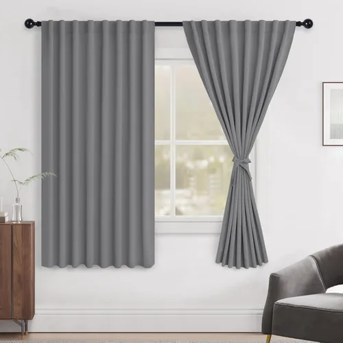 Vista 68 de Hiasan Cortinas opacas negras para dormitorio, cortinas opacas cortas de 45 pulgadas de largo, con aislamiento térmico, bolsillo para barra