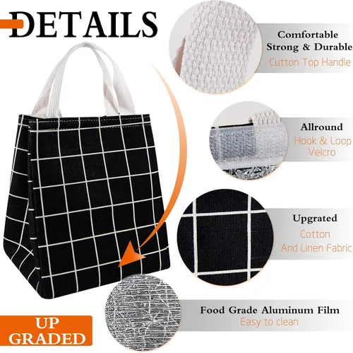 Vista 3 de Lonchera térmica para mujeres y hombres, bolsas reutilizables para el almuerzo para adultos para el trabajo o viajes (cuadros negros)