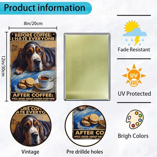 Vista 2 de KIYOYO Basset Hound Dog - Cartel de metal vintage de hound con texto en inglés "Before Coffee After Coffee" (Antes del café después del café)