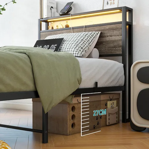 Vista 6 de BOFENG Base de cama individual con cabecera de madera y estación de carga USB, plataforma de metal resistente, marco de cama individual LED