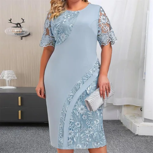Vista 4 de Vestido de talla grande elegante floral bordado midi para mujer, cuello redondo, manga corta, detalles de encaje, fiestas perfectas, bailes