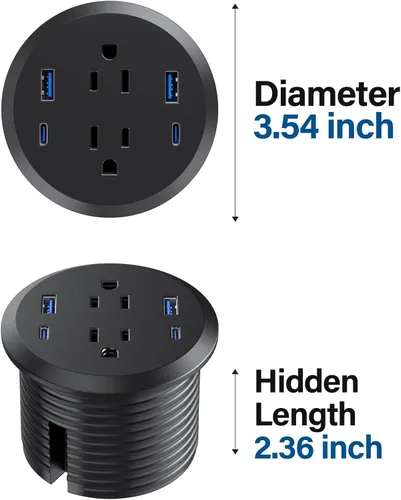 Vista 5 de Ojal de alimentación de escritorio, estación de carga rápida USB C de 65 W, 2 salidas de CA, 4 puertos USB en la parte superior de tu escritorio
