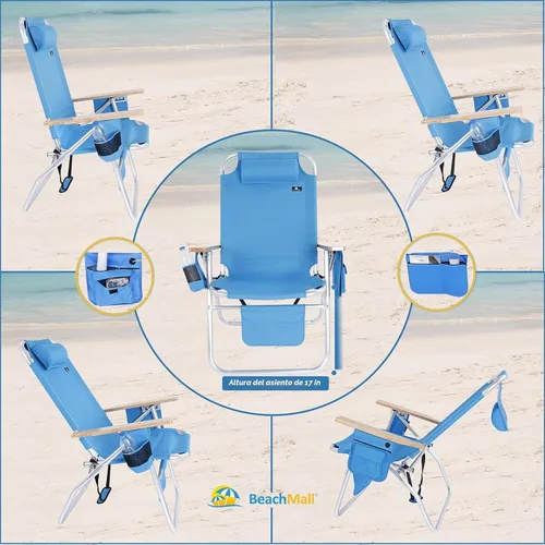 Vista 3 de Silla de playa de lujo XL ancha y alta de aluminio, plegable, de alta resistencia, de 17 pulgadas, para adultos, carga de 300 libras Azul Claro