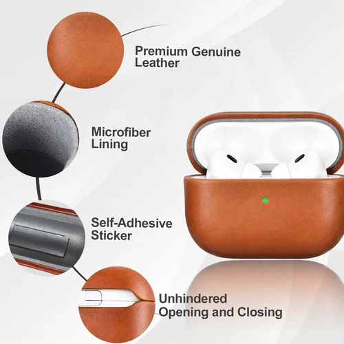 Vista 5 de ICARERFAMILY Funda de cuero para AirPods Pro 2 (2022), funda protectora de cuero genuino a prueba de golpes para AirPods Pro 2 auriculares estuche