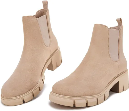 Vista 2 de Botas de estilo botas de combate de cuero y con plataforma y tacón grueso, tipo Chelsea, para mujer, hasta el tobillo