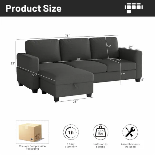 Vista 2 de Sofá seccional y sofás para sala de estar, sofá de lino gris oscuro en forma de L de 78 pulgadas, sofás convertibles modulares de 3 plazas aptos