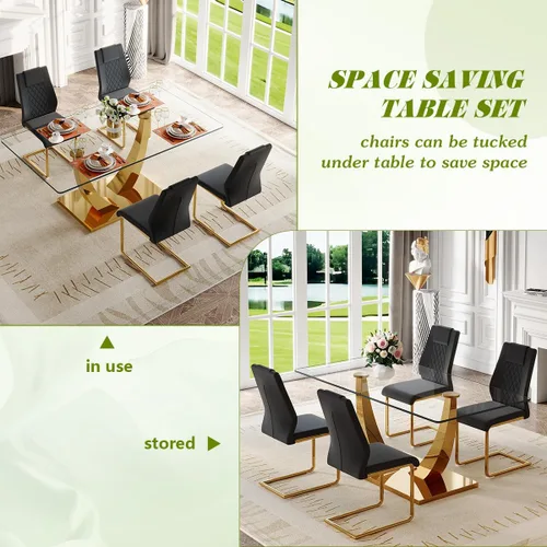 Vista 5 de Juego de mesa de comedor de cristal de 63 pulgadas para 4, mesa de comedor para 4, mesa de comedor con patas y base de acero inoxidable, sillas