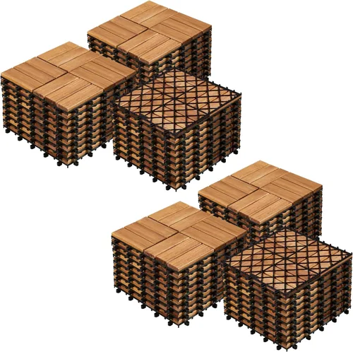 Vista 10 de Yaheetech 27 piezas de baldosas de madera dura entrelazadas para terraza de patio Acacia, baldosas de piso de madera impermeables para patio