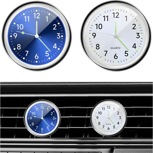 Vista 7 de Dickno 2 piezas de reloj de tablero adhesivo para automóvil, mini relojes de ventilación de cuarzo analógico luminoso, relojes de ventilación