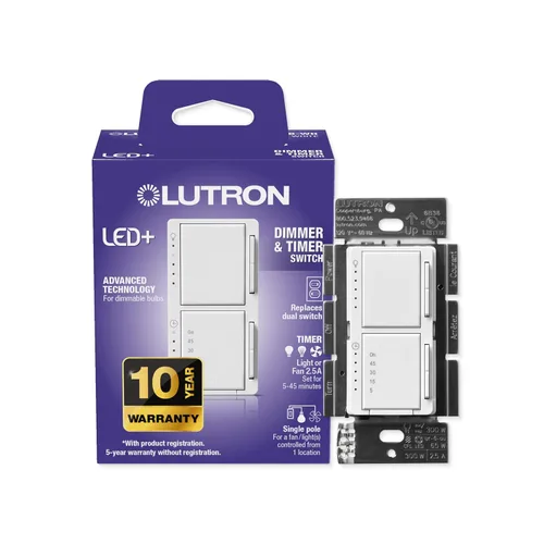 Vista 14 de Lutron Maestro LED+ - Regulador e interruptor dual Bombillas LED de 75 vatios/ventiladores de 2.5 A, un solo polo MACL-L3S25-WH Blanco