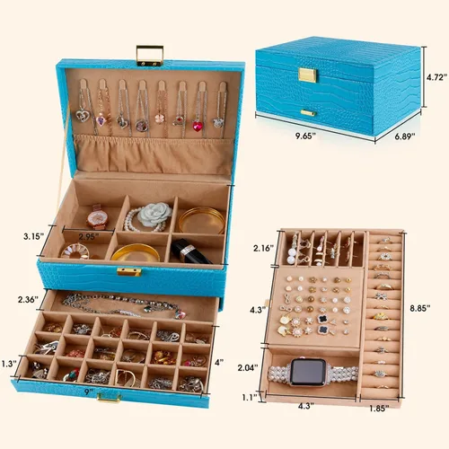 Vista 6 de Gifturbo Caja organizadora de joyas para mujeres y niñas, cajas de joyería de piel sintética azul, 3 capas de joyería, caja de regalo para pulseras