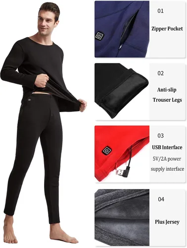 Vista 4 de Conjunto de ropa interior térmica térmica con calefacción USB, pantalones largos eléctricos de manga larga para hombre