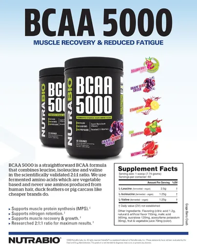 Vista 8 de NutraBio BCAA 5000 Polvo - BCAA fermentado vegano - Apoya el crecimiento muscular magro, la recuperación, la resistencia - 60 porciones - Kiwi fresa