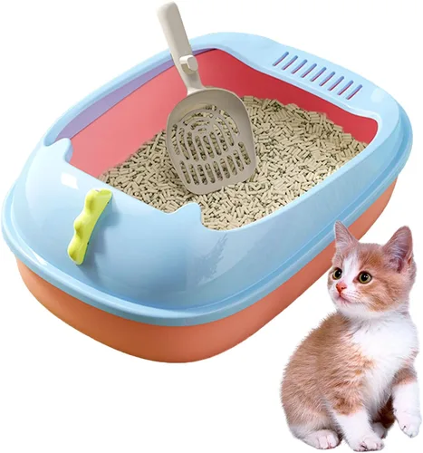 Vista 8 de Caja de arena abierta para gatos, inodoro antisalpicaduras para gatos con cuchara tamizadora de arena, evita fugas de arena, caja de arena extraíble